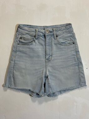 American Eagle High Rise Light Blue Denim Shorts with Frayed Hem Sz 2